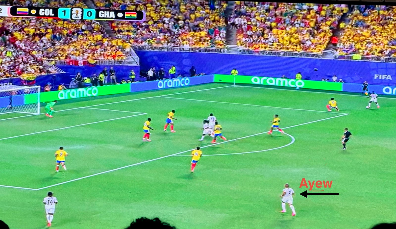 Ghana attack against Colombia with Jordan Ayew, number 9, trailing behind four teammates who are ahead of him in the move. Screen capture, Colombia 1-0 Ghana, World Cup 2026 Round of 32.